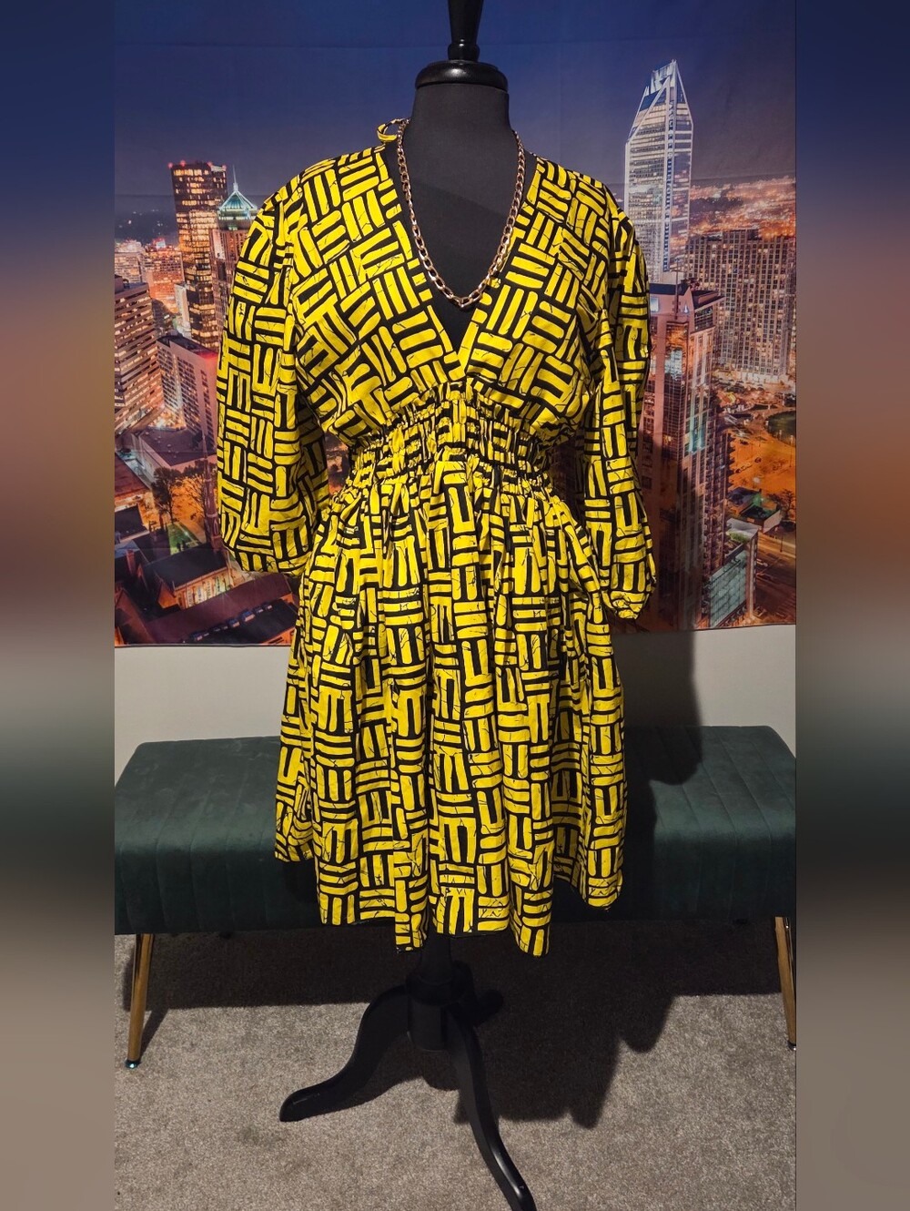 Yellow & Black Geometric V-Neck Women's Dress